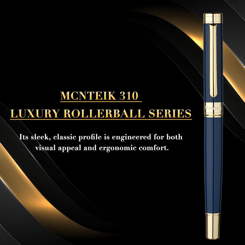 MCNTEIK Blue Lacquer Rollerball Pen - Stunning Luxury Pen, 24K Gold Plating, Schmidt Refill, Precision Flow Ink, Fancy Roller Ball Gift Set for Men & Women, Professional, Executive Office, Nice Pens - Image 3